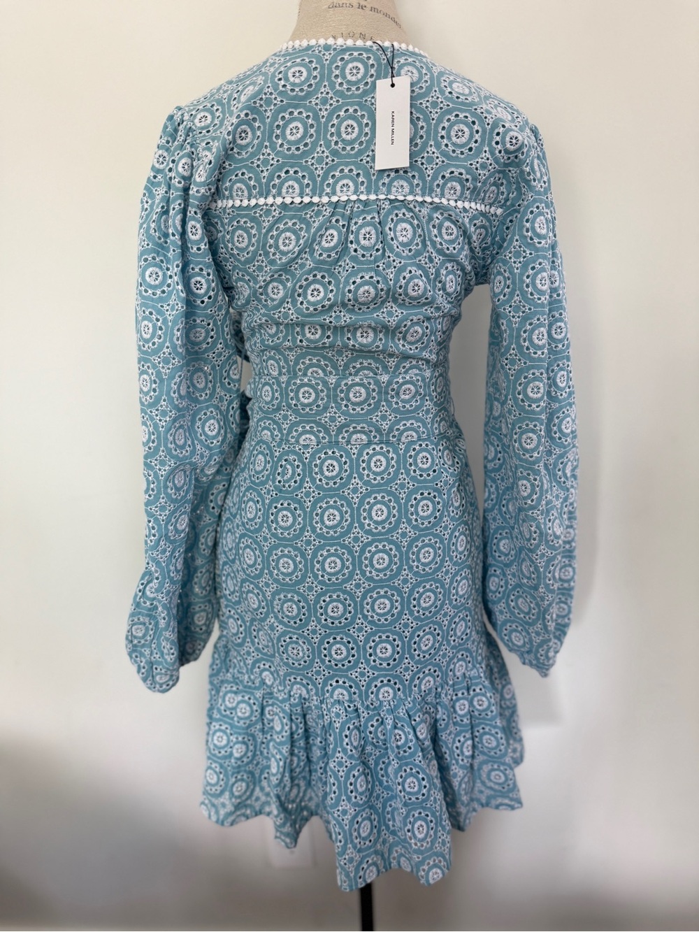 Karen Millen Broderie Cotton Wrap Mini Dress Light Blue Eyelet Dress - Picture 5 of 16